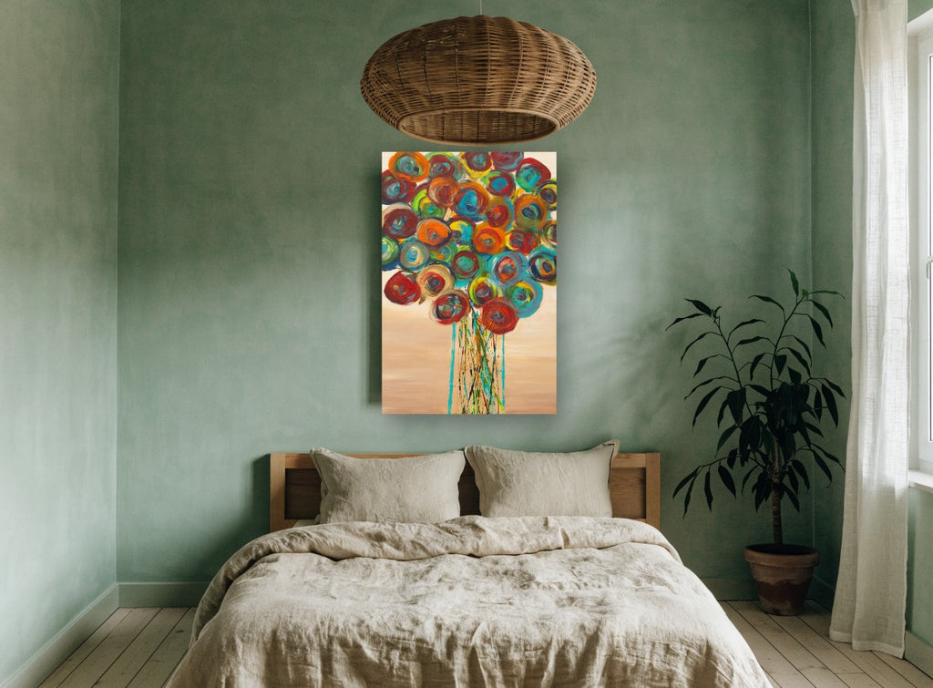 Spiral Bloom Bouquet floral canvas print on the wall of a bedroom