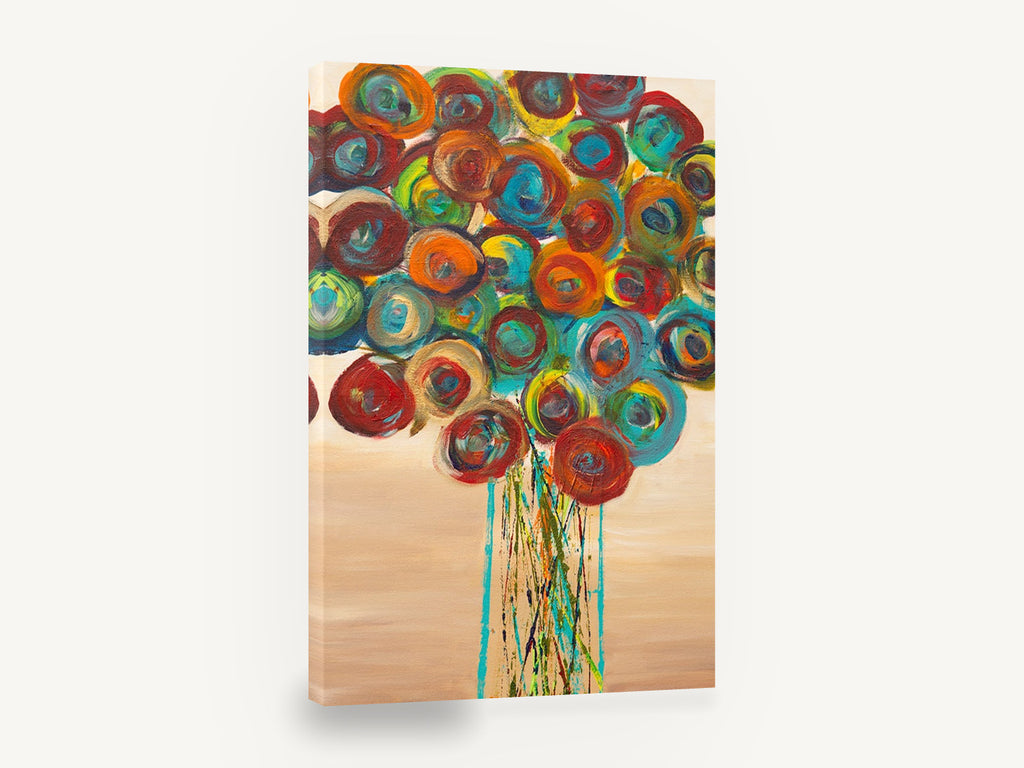 Spiral Bloom Bouquet, colourful abstract flower bouquet painting, floral canvas wall art print ready to hang