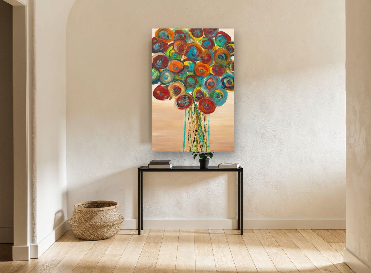 Spiral Bloom Bouquet floral canvas print on the wall of a hallway
