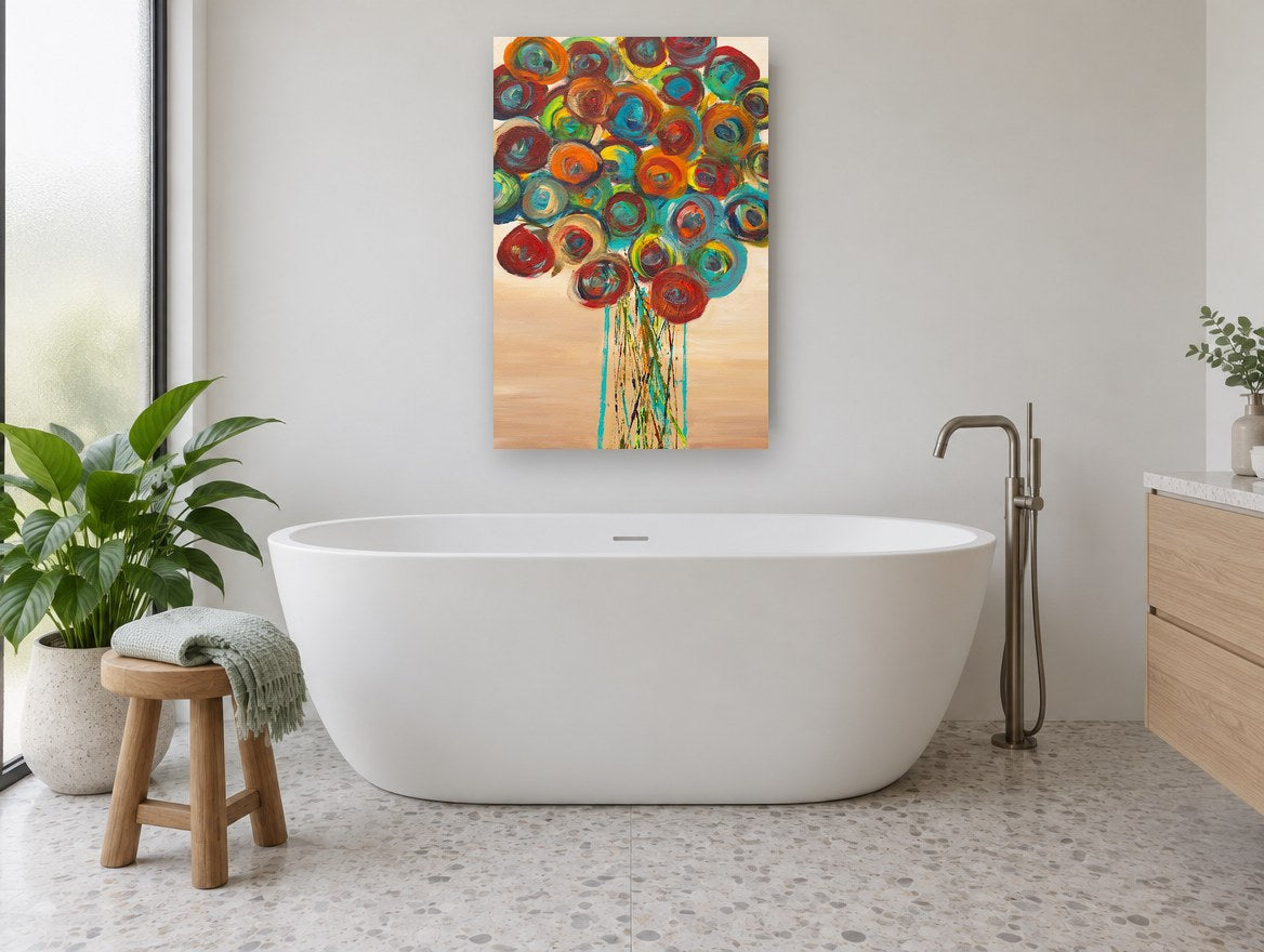 Spiral Bloom Bouquet floral canvas print on the wall of a bathroom