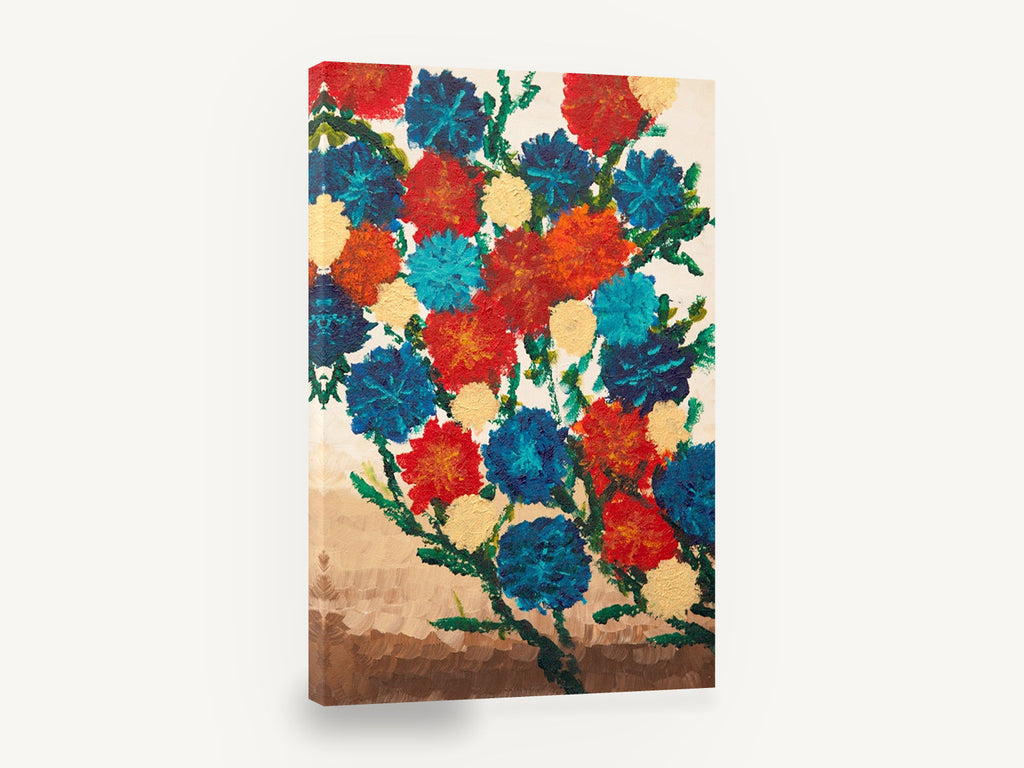 Carnation Bouquet in Red and Blue, red blue carnation bouquet painting, floral canvas wall art print ready to hang