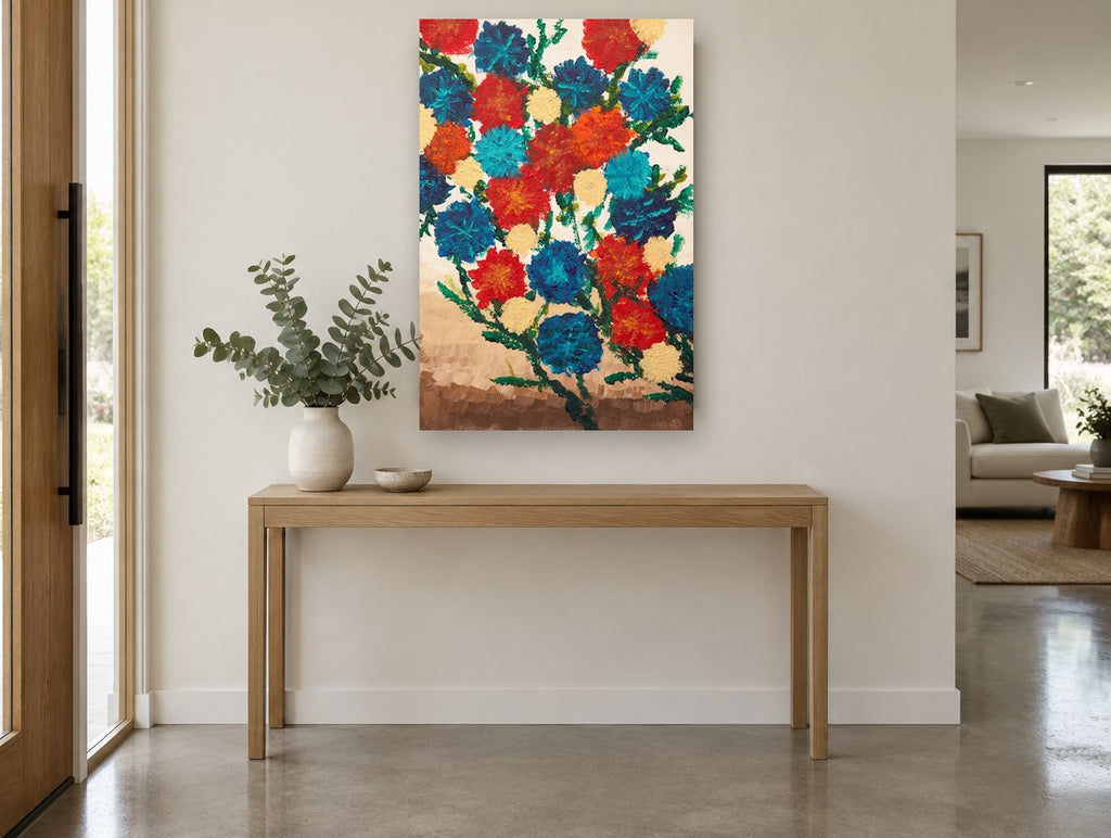 Carnation Bouquet in Red and Blue floral canvas print on the wall of a entry hall