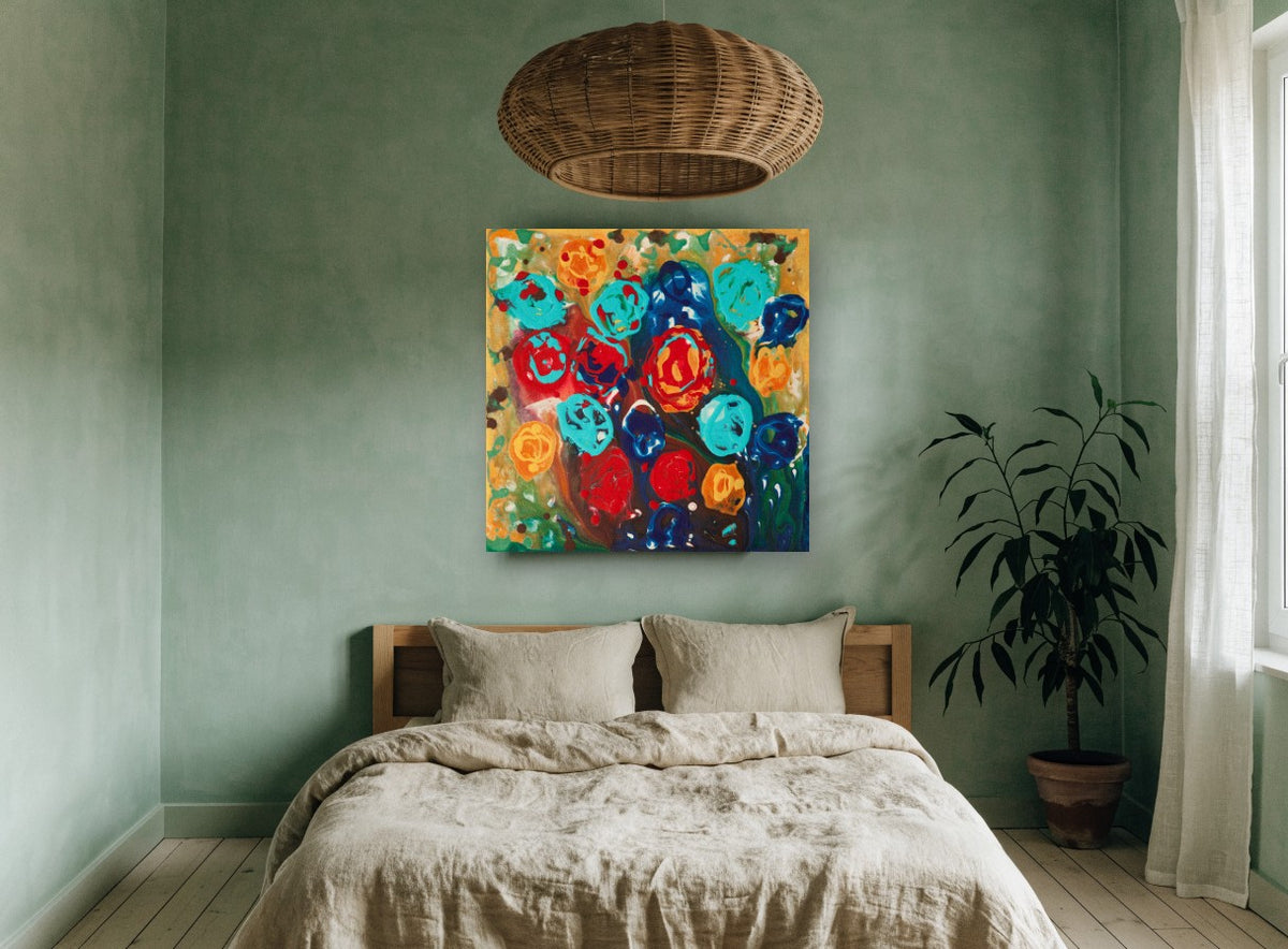Poured Paint Blooms floral canvas print on the wall of a bedroom