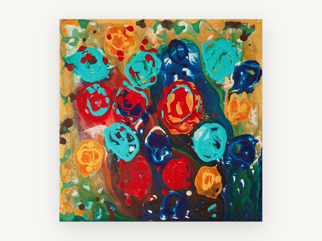 Poured Paint Blooms, floral canvas wall art print, front view