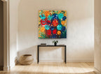 Poured Paint Blooms floral canvas print on the wall of a hallway