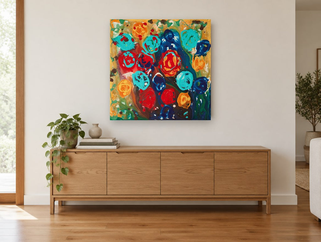 Poured Paint Blooms floral canvas print on the wall of a living room above a sideboard