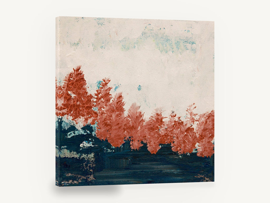 Rust Trees at Dusk, rust red treeline abstract landscape, floral canvas wall art print ready to hang
