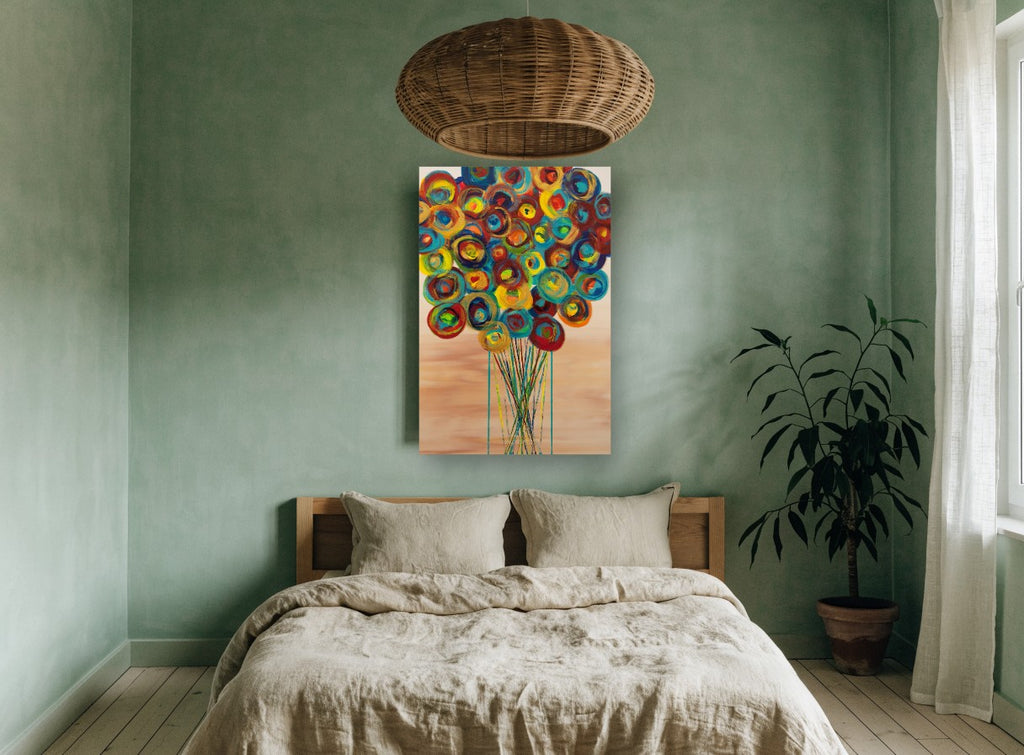 Spinning Colour Bouquet floral canvas print on the wall of a bedroom