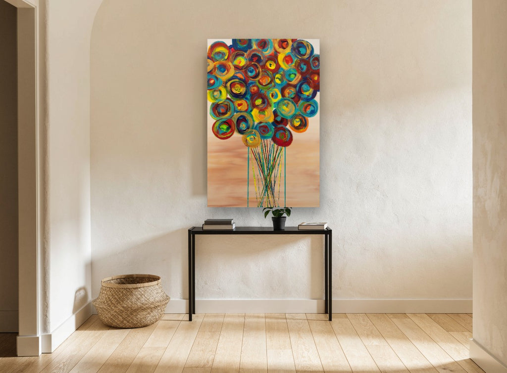 Spinning Colour Bouquet floral canvas print on the wall of a hallway