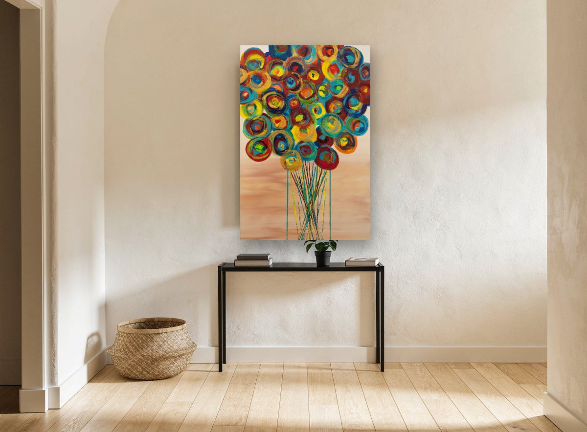 Spinning Colour Bouquet floral canvas print on the wall of a hallway