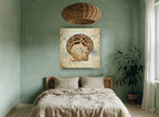 Weathered Scallop Shell vintage canvas print on the wall of a bedroom