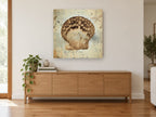 Weathered Scallop Shell vintage canvas print on the wall of a living room above a sideboard