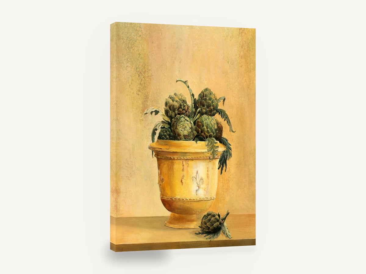 Artichokes in Yellow Urn, artichokes yellow urn still life kitchen, kitchen canvas wall art print ready to hang