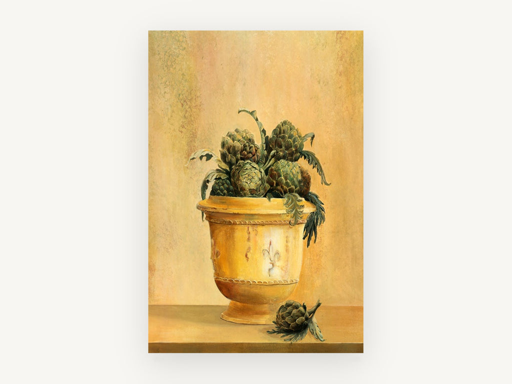 Artichokes in Yellow Urn, kitchen canvas wall art print, front view