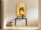 Artichokes in Yellow Urn kitchen canvas print on the wall of a hallway