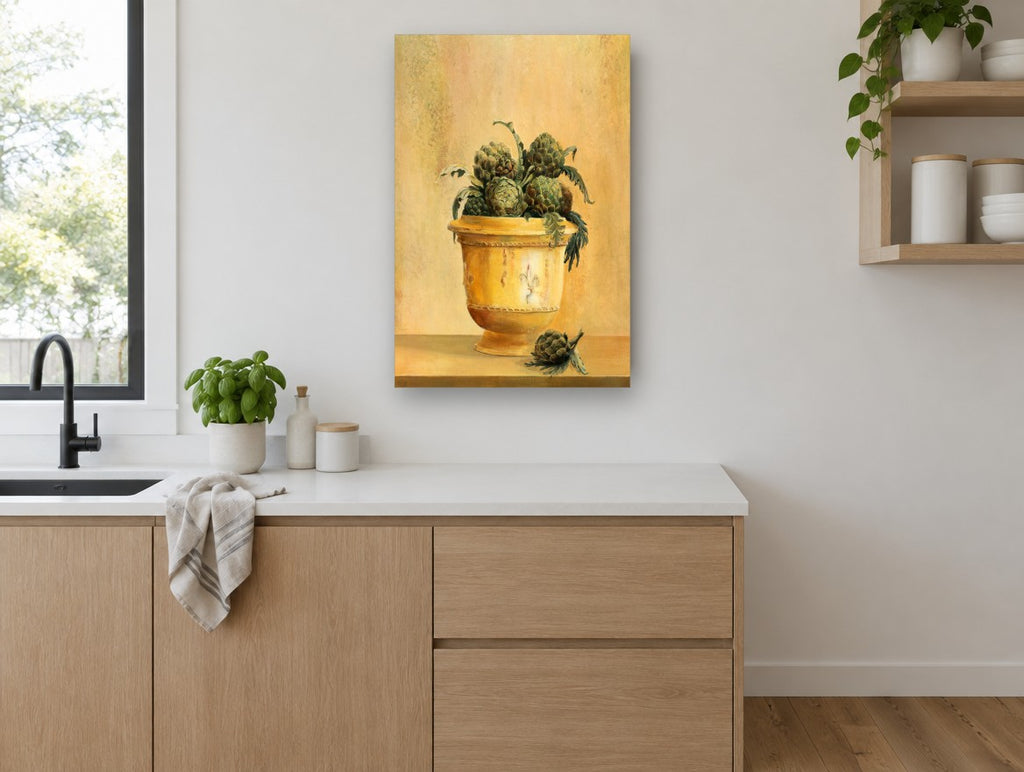 Artichokes in Yellow Urn kitchen canvas print on the wall of a kitchen
