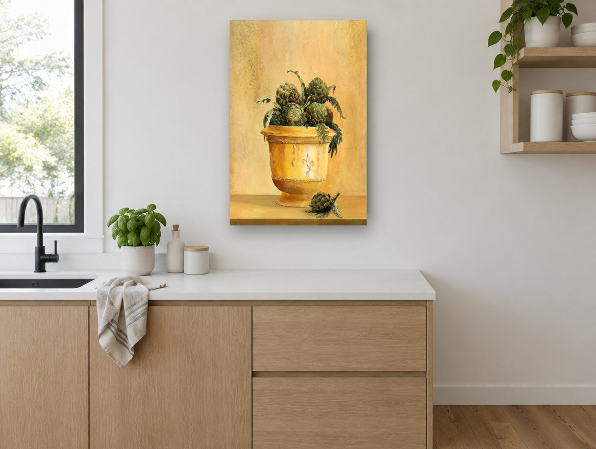 Artichokes in Yellow Urn kitchen canvas print on the wall of a kitchen