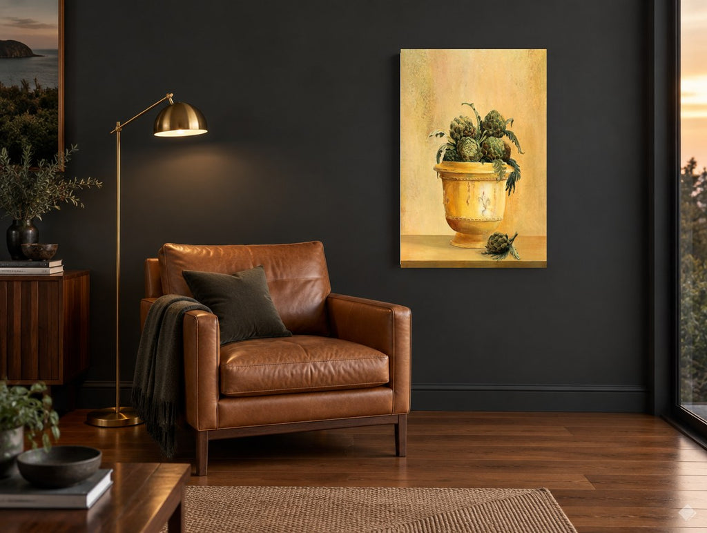 Artichokes in Yellow Urn kitchen canvas print on the wall of a charcoal living room