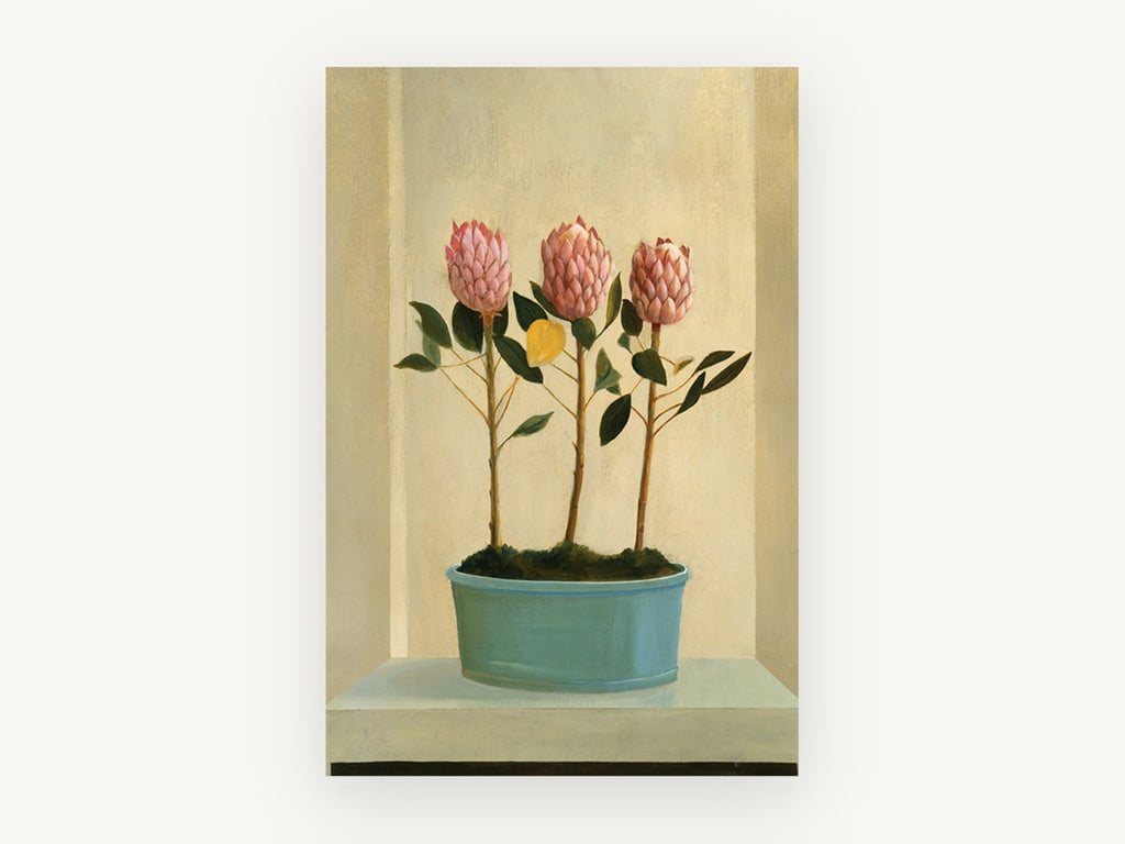 Three Proteas in Teal, floral canvas wall art print, front view