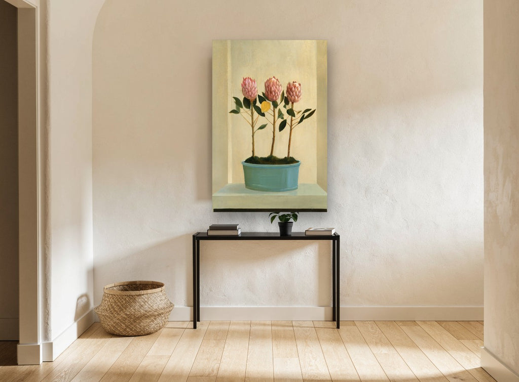 Three Proteas in Teal floral canvas print on the wall of a hallway