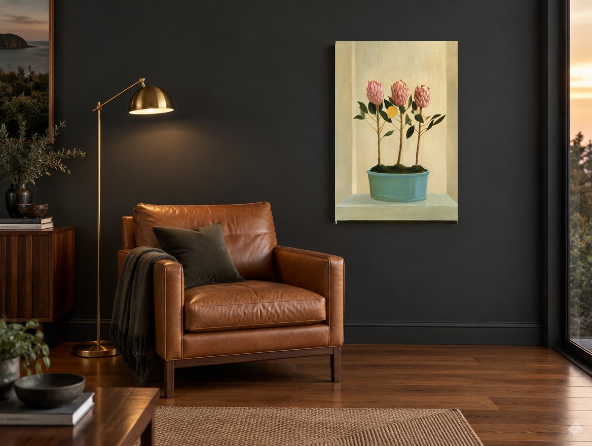 Three Proteas in Teal floral canvas print on the wall of a charcoal living room