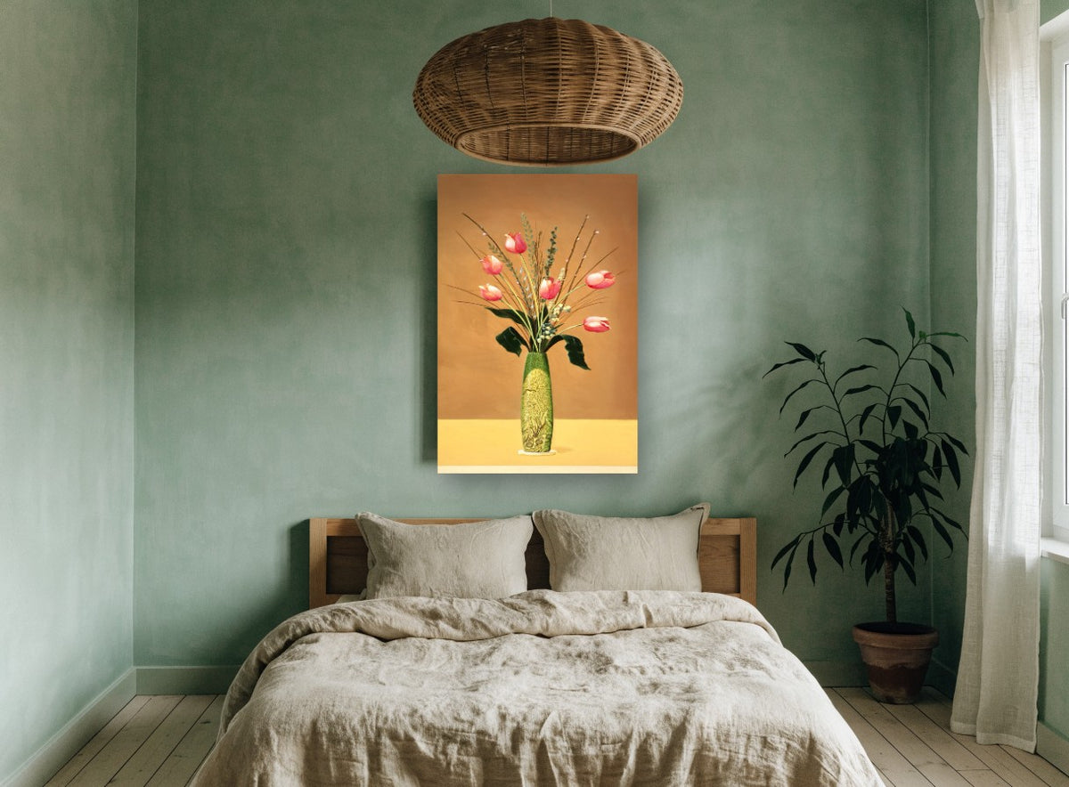 Tulips in Green Vase floral canvas print on the wall of a bedroom