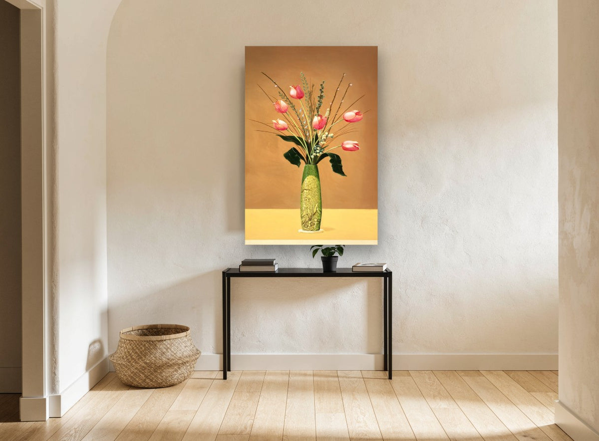 Tulips in Green Vase floral canvas print on the wall of a hallway