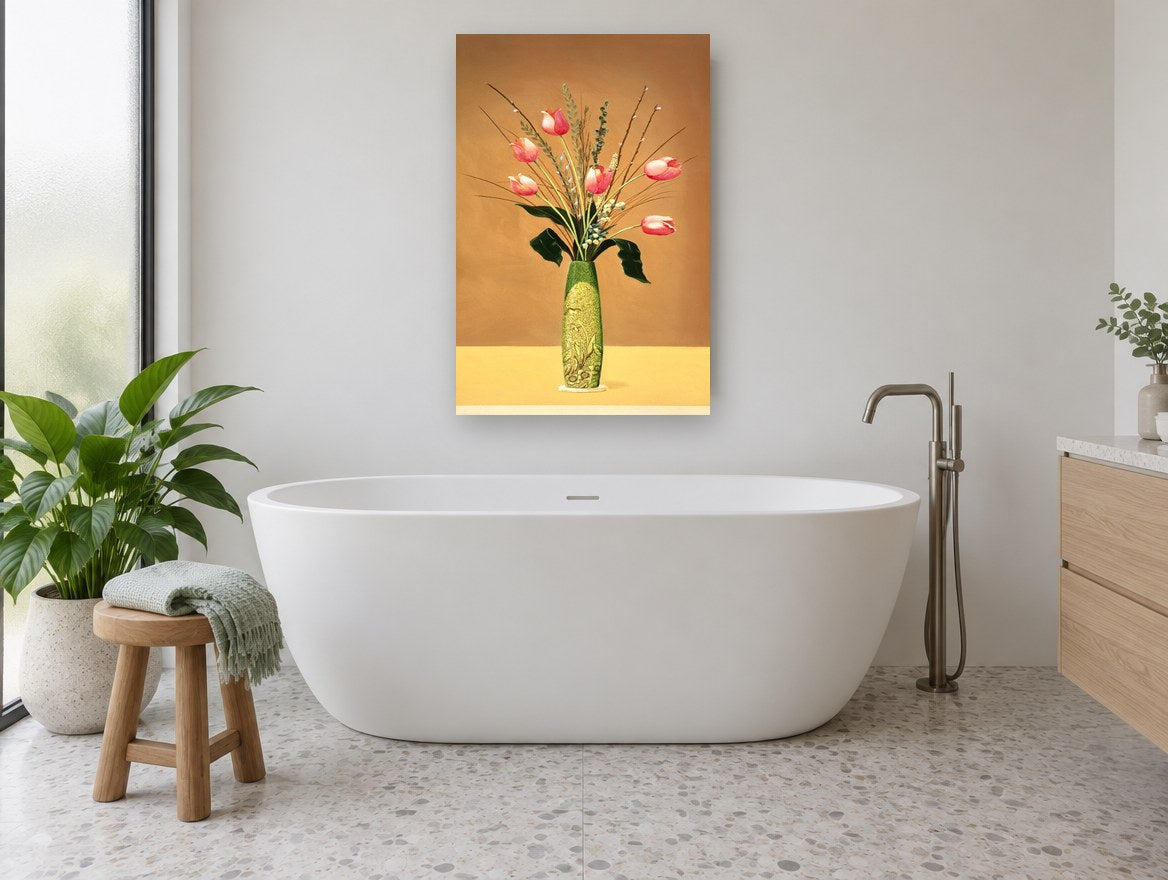 Tulips in Green Vase floral canvas print on the wall of a bathroom