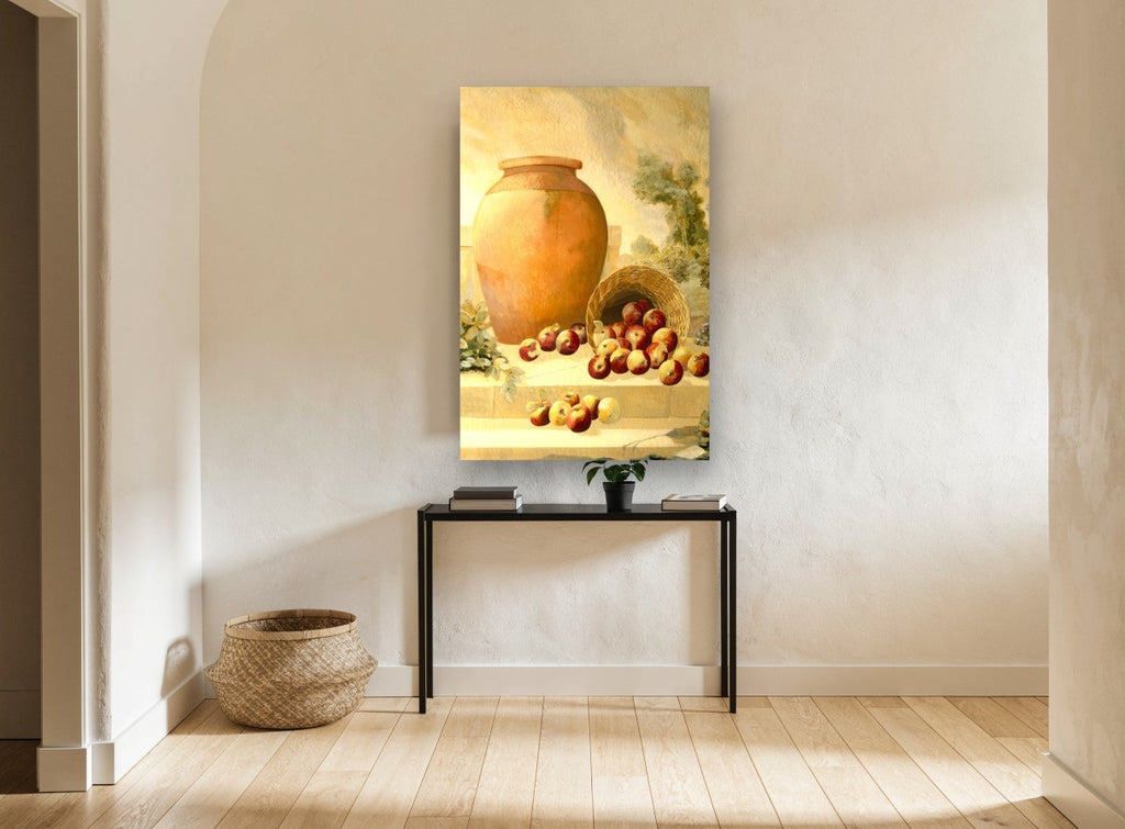 Terracotta Urn and Apples kitchen canvas print on the wall of a hallway
