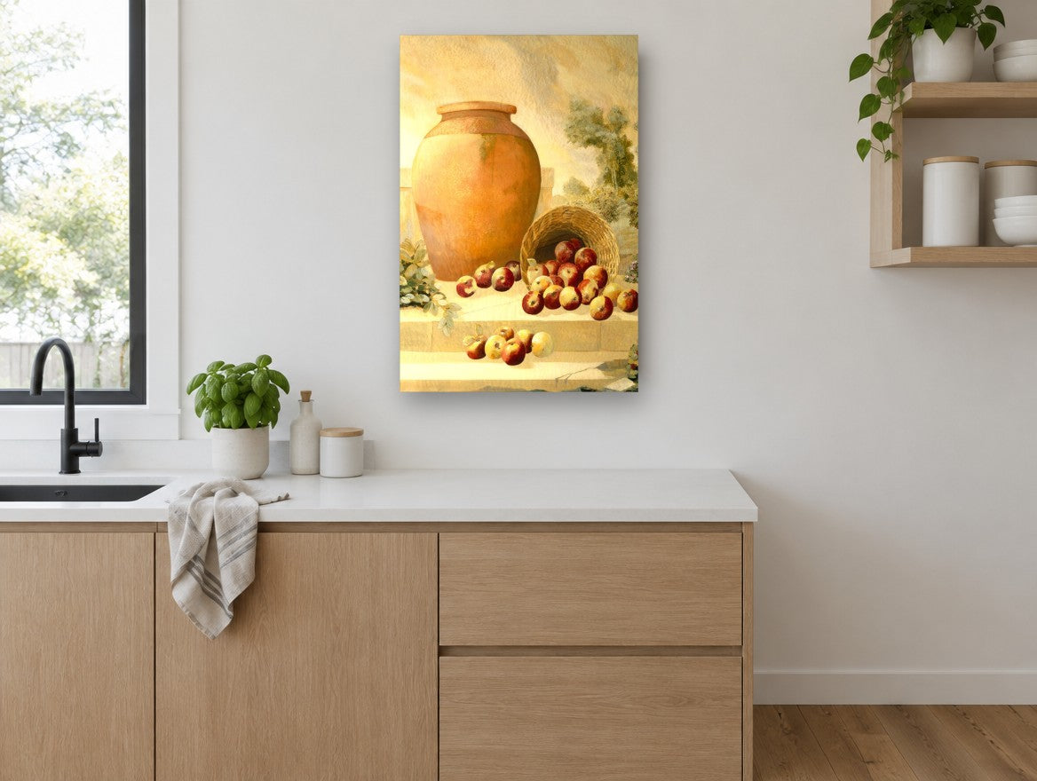 Terracotta Urn and Apples kitchen canvas print on the wall of a kitchen