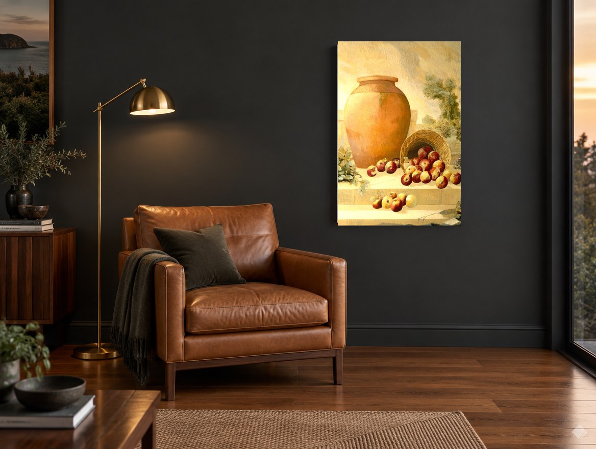 Terracotta Urn and Apples kitchen canvas print on the wall of a charcoal living room