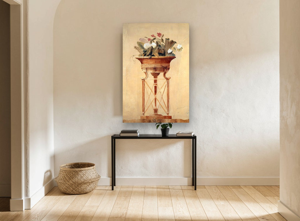 Terracotta Urn Fresco floral canvas print on the wall of a hallway