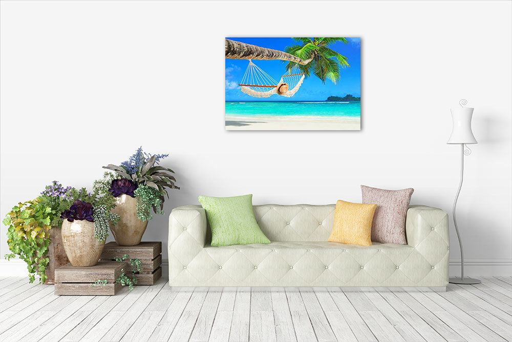 Hammock Palm Tree Wall Art Print on the wall