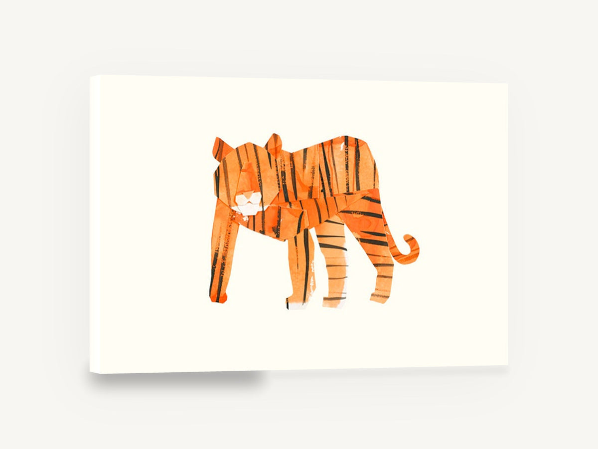 Paper Cut Tiger, orange paper collage tiger illustration, animal canvas wall art print ready to hang
