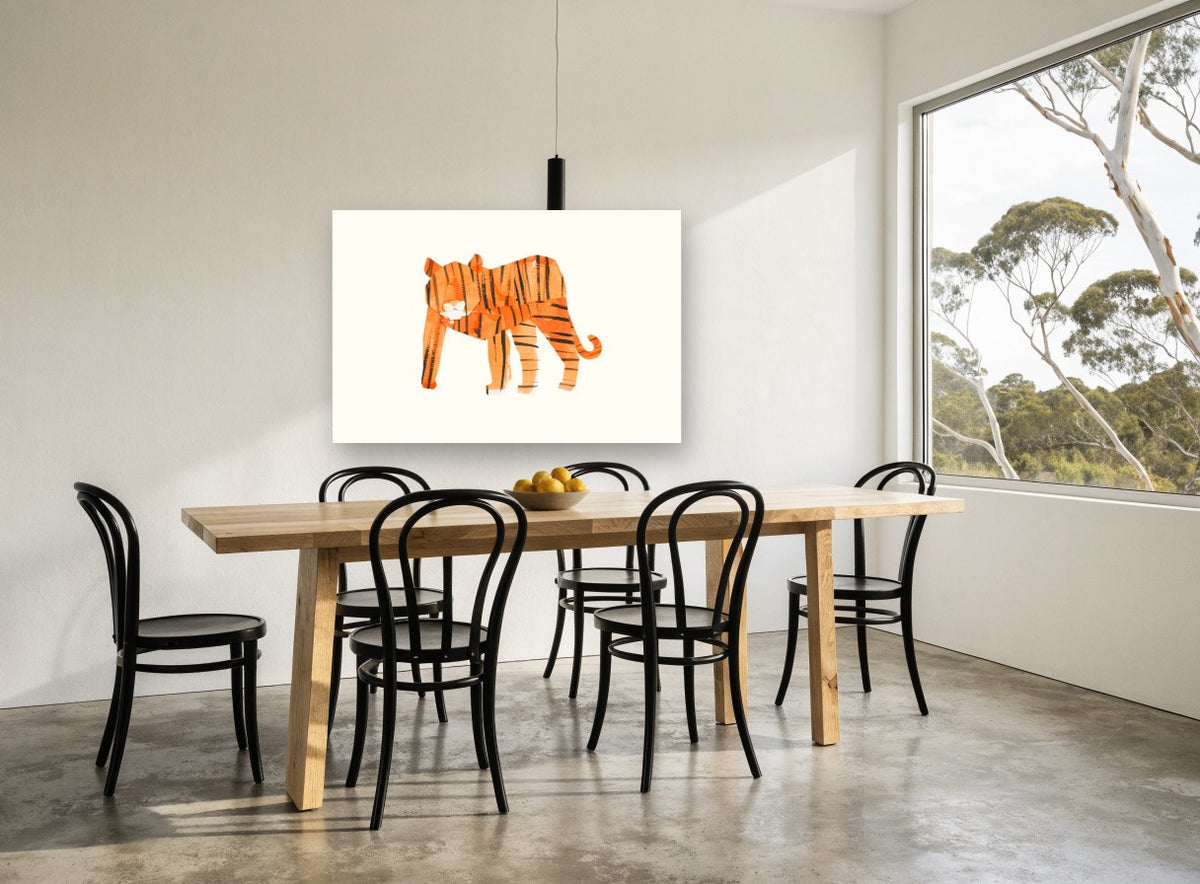 Paper Cut Tiger animal canvas print on the wall of a dining room