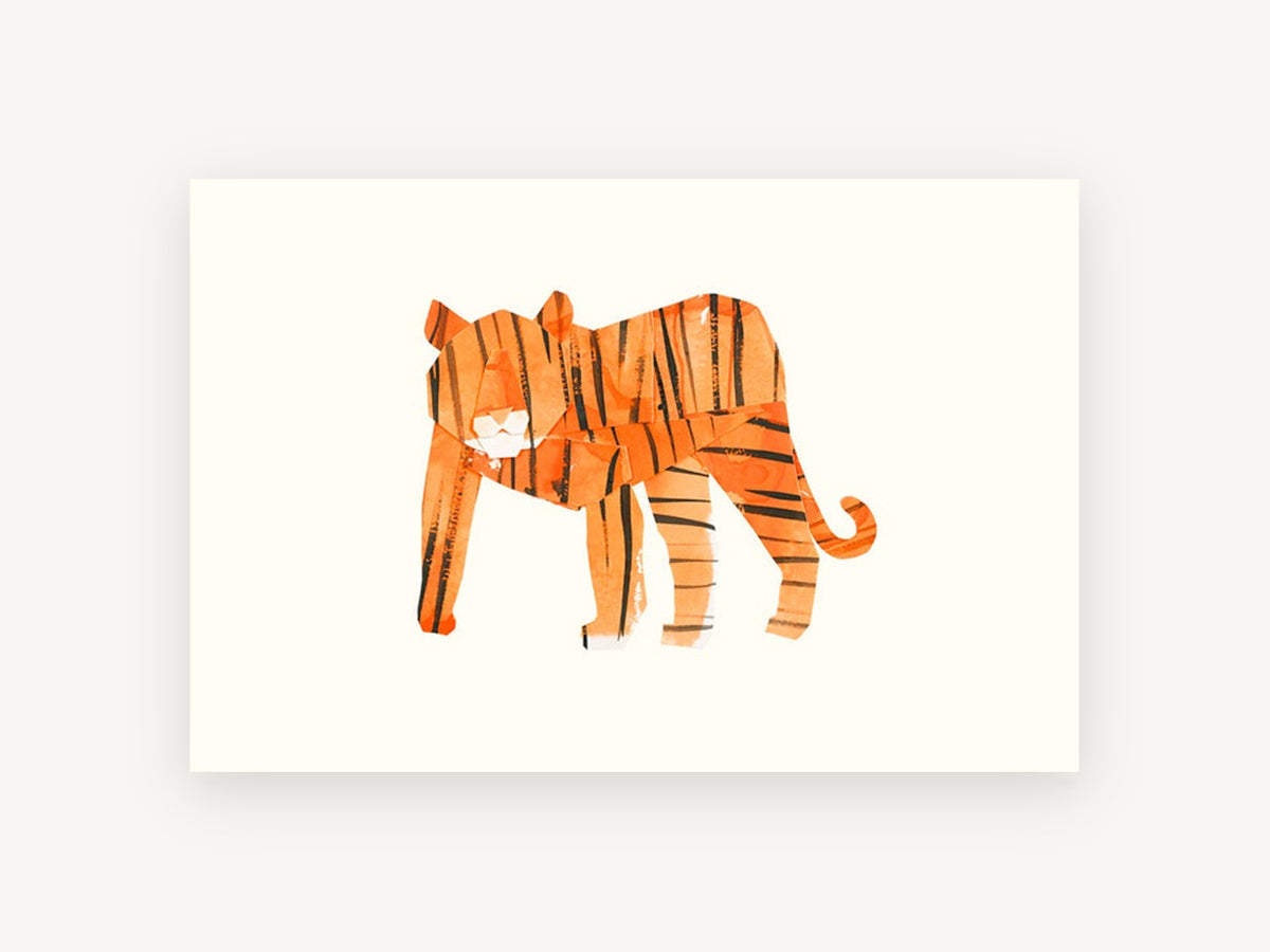 Paper Cut Tiger, orange paper collage tiger illustration, animal canvas wall art print, front view