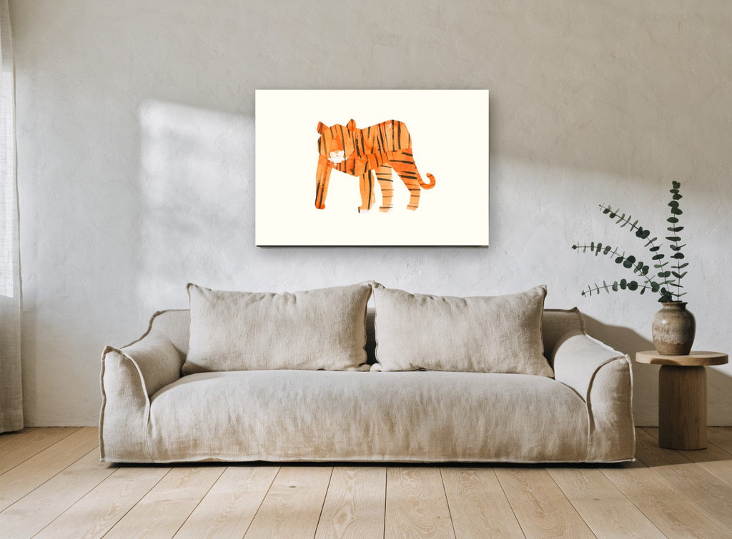 Paper Cut Tiger animal canvas print on the wall of a living room