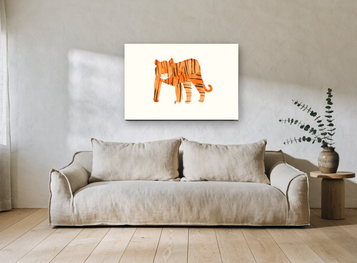 Paper Cut Tiger animal canvas print on the wall of a living room