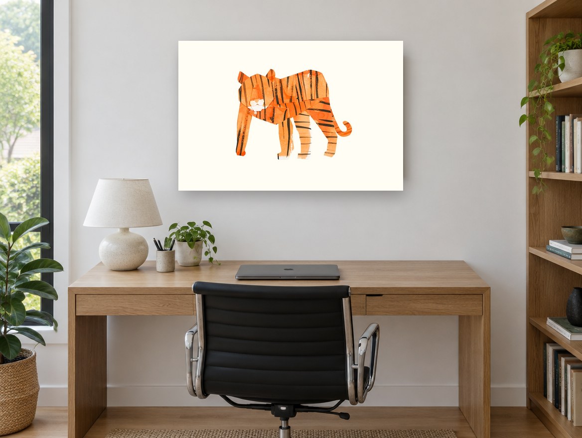 Paper Cut Tiger animal canvas print on the wall of a study