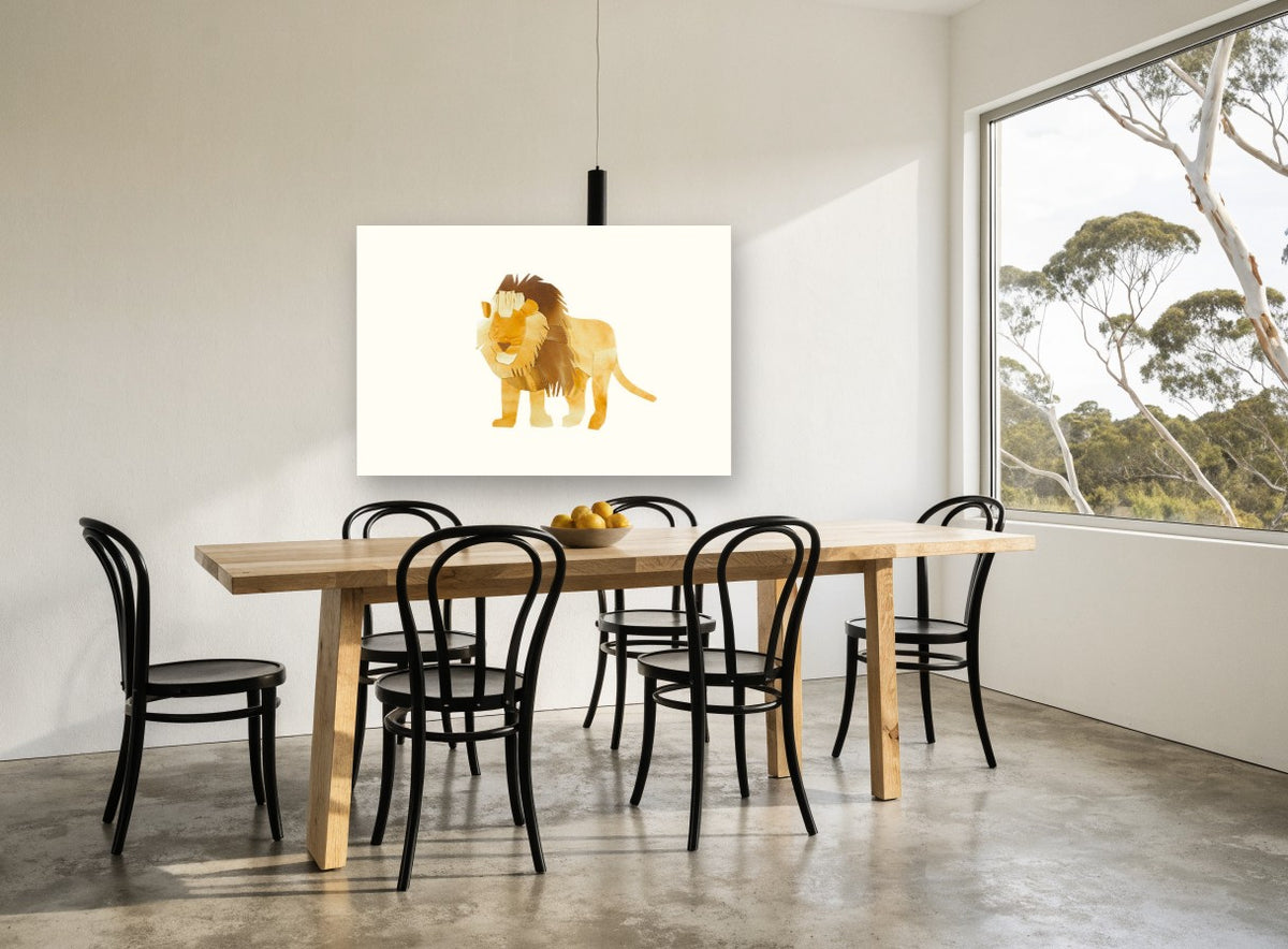 Paper Cut Lion animal canvas print on the wall of a dining room