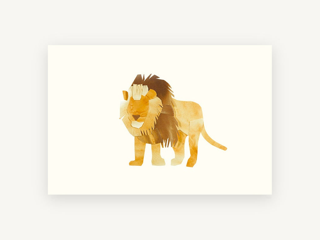 Paper Cut Lion, lion paper collage illustration, animal canvas wall art print, front view