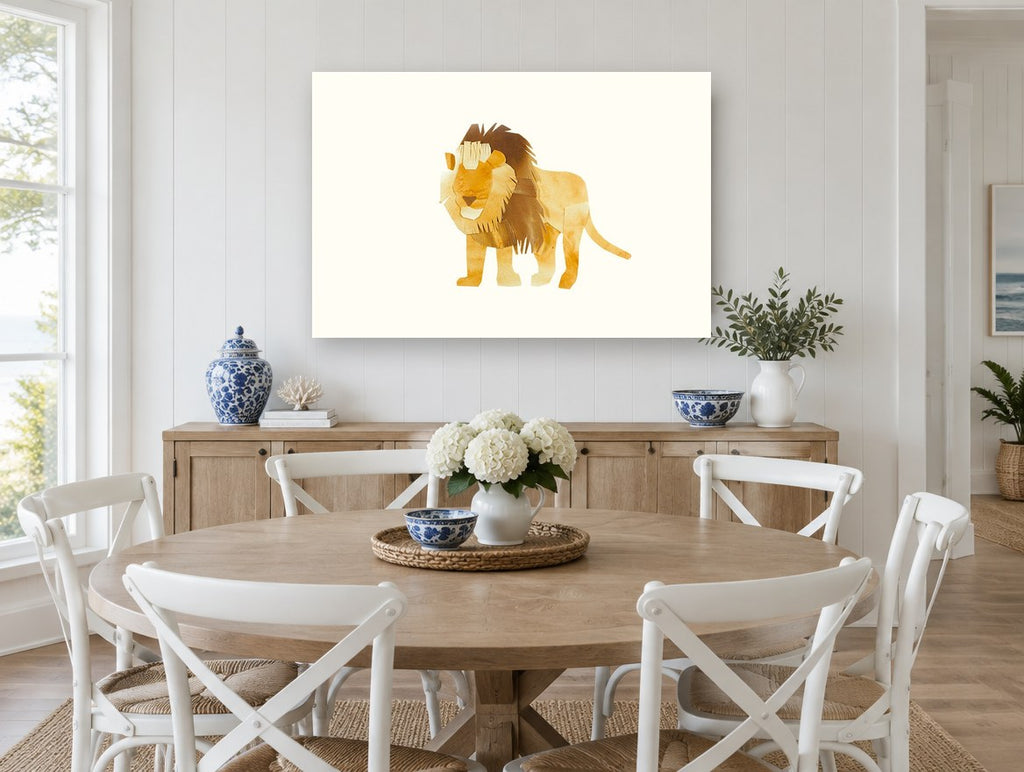 Paper Cut Lion animal canvas print on the wall of a Hamptons dining room