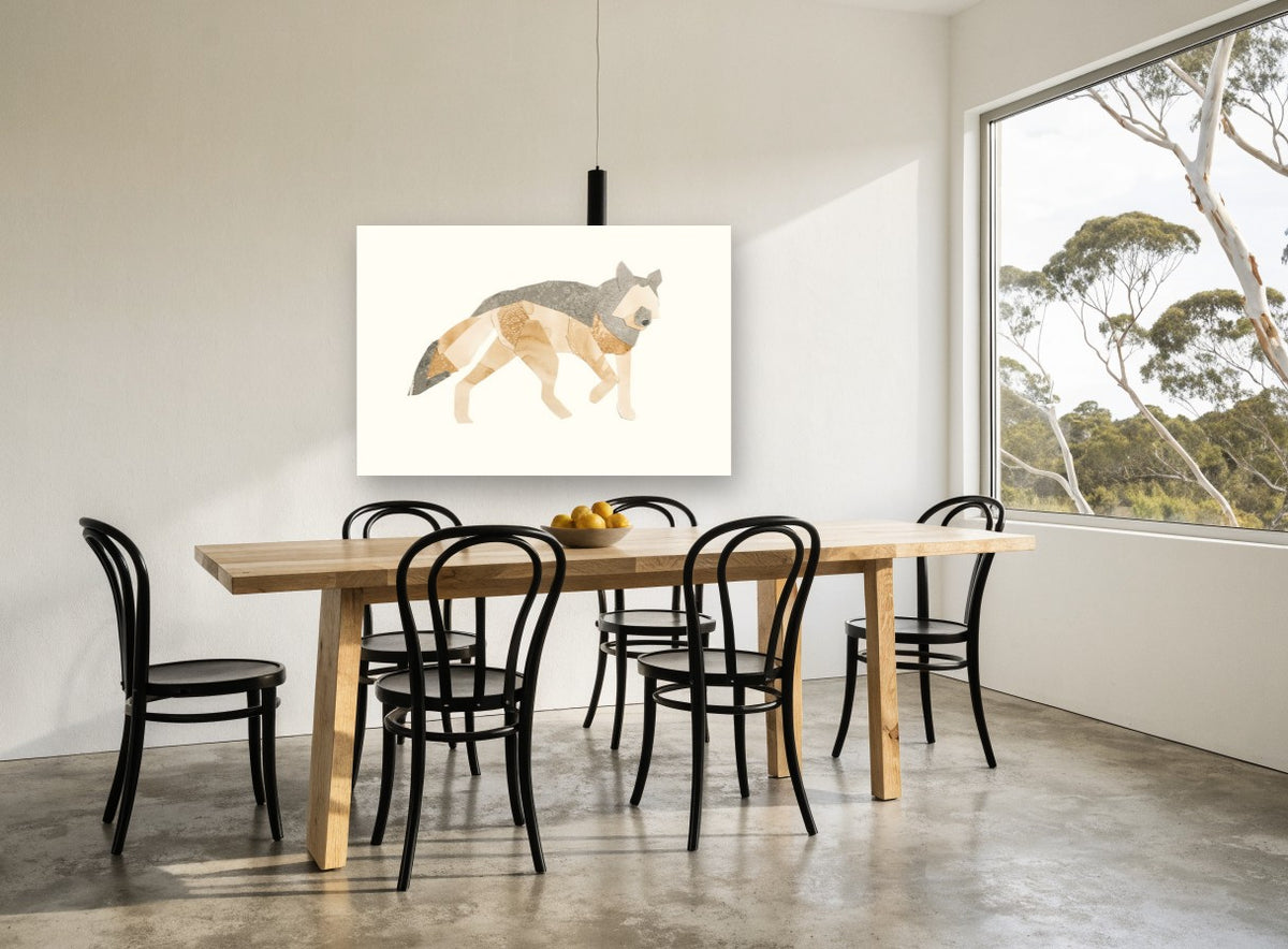 Paper Cut Grey Wolf animal canvas print on the wall of a dining room