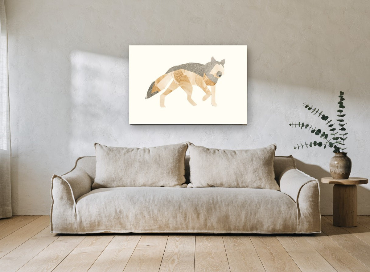Paper Cut Grey Wolf animal canvas print on the wall of a living room