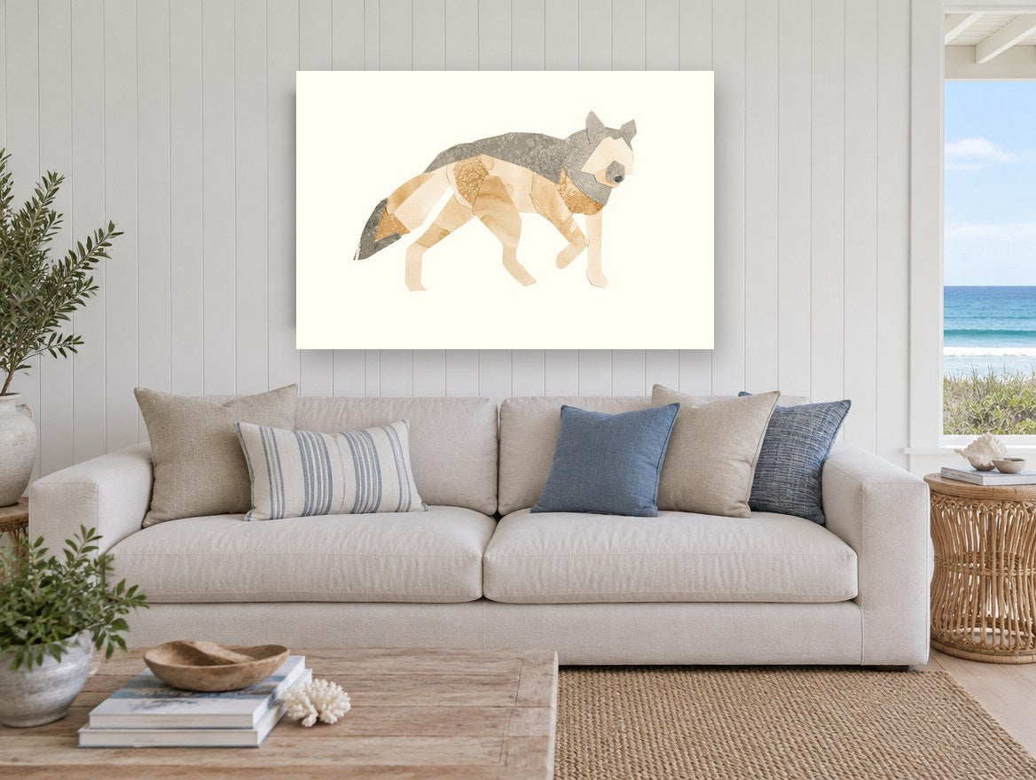 Paper Cut Grey Wolf animal canvas print on the wall of a beach house living room