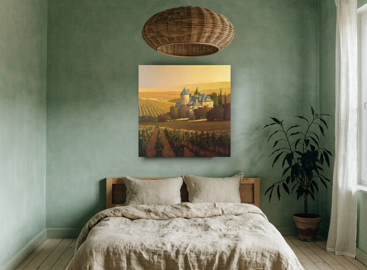 Golden Hour Chateau floral canvas print on the wall of a bedroom