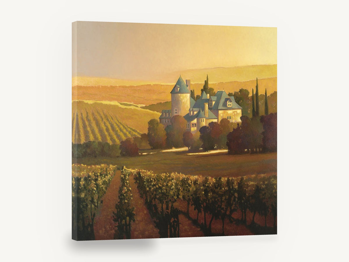 Golden Hour Chateau, vineyard chateau golden landscape painting, floral canvas wall art print ready to hang