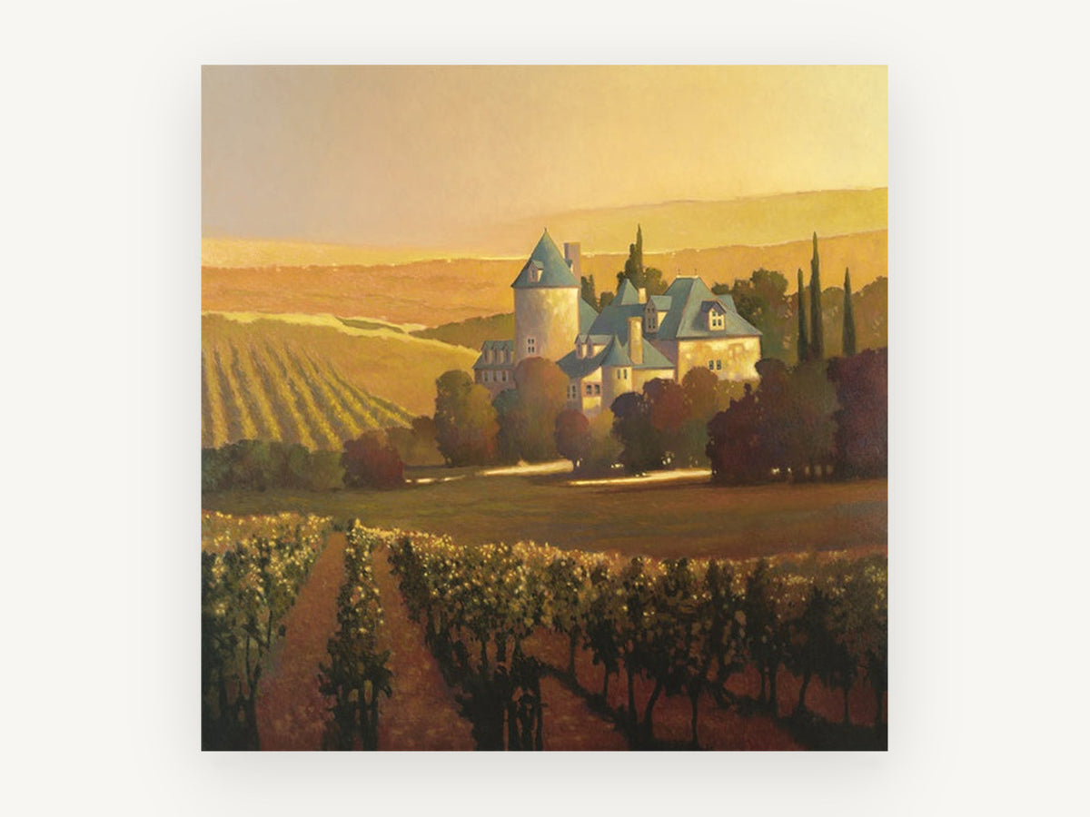 Golden Hour Chateau, floral canvas wall art print, front view