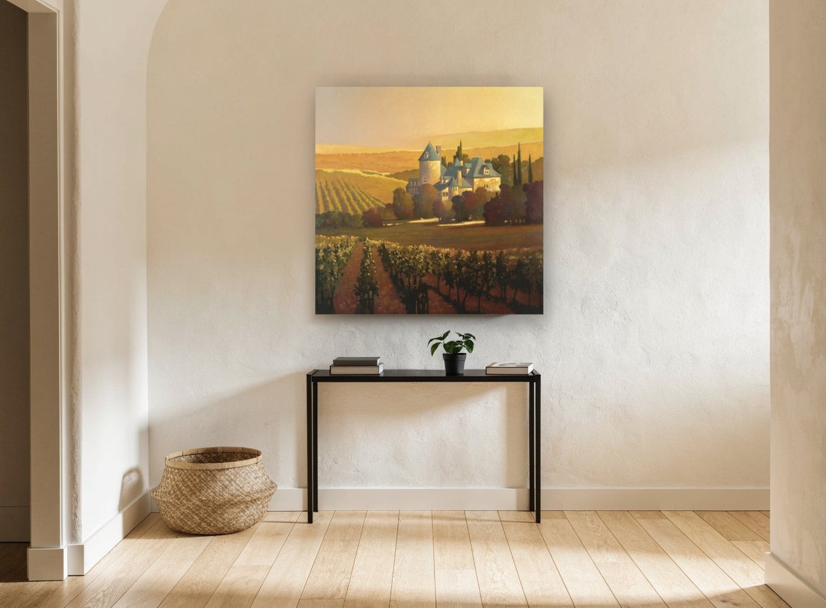 Golden Hour Chateau floral canvas print on the wall of a hallway