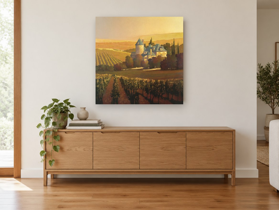 Golden Hour Chateau floral canvas print on the wall of a living room above a sideboard